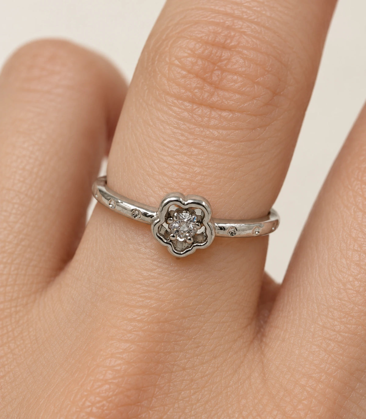Silver flower crystal open ring — closeup