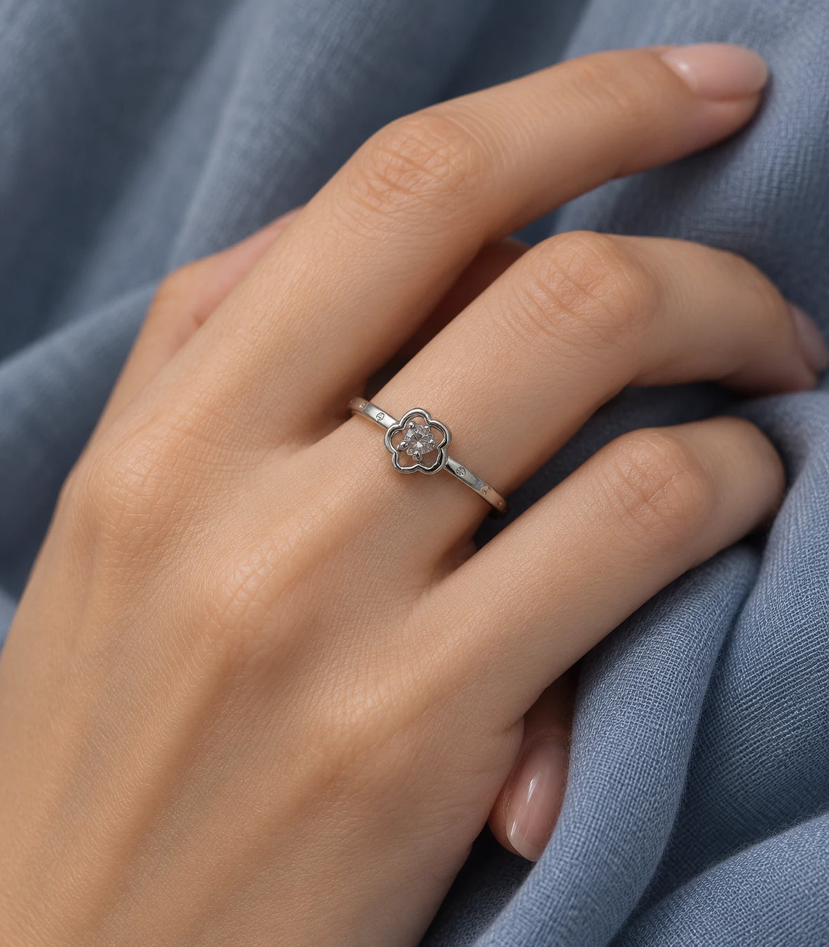 Silver flower crystal open ring — editorial model