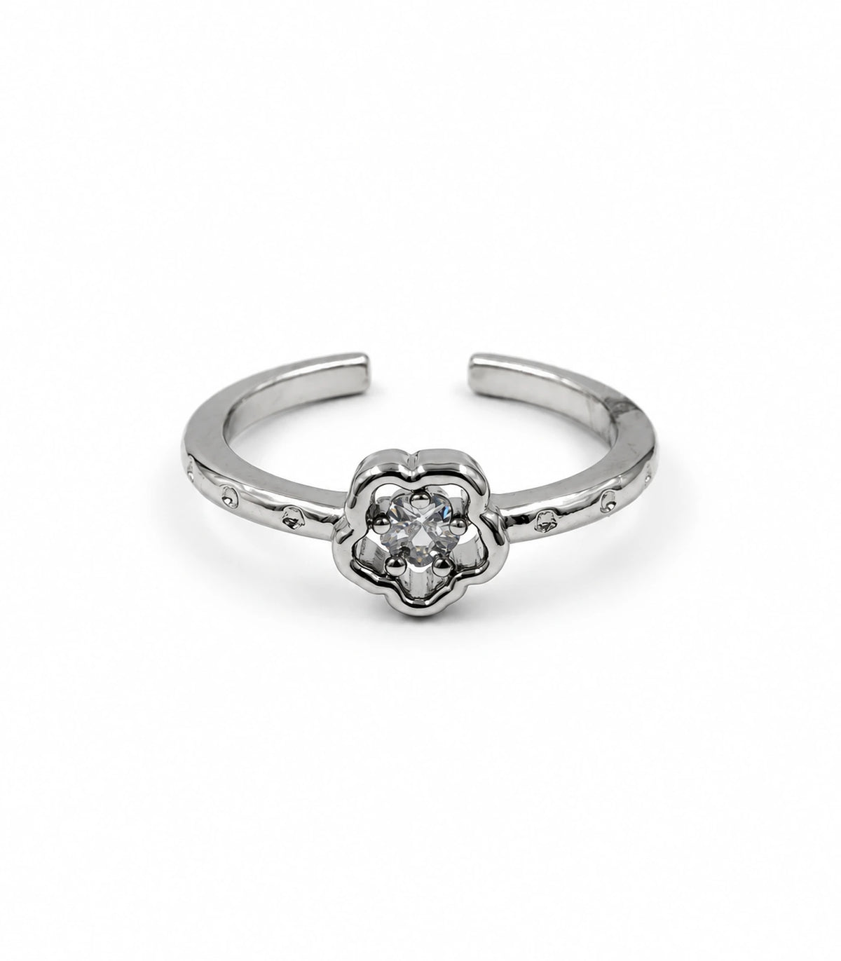 Silver flower crystal open ring — white background