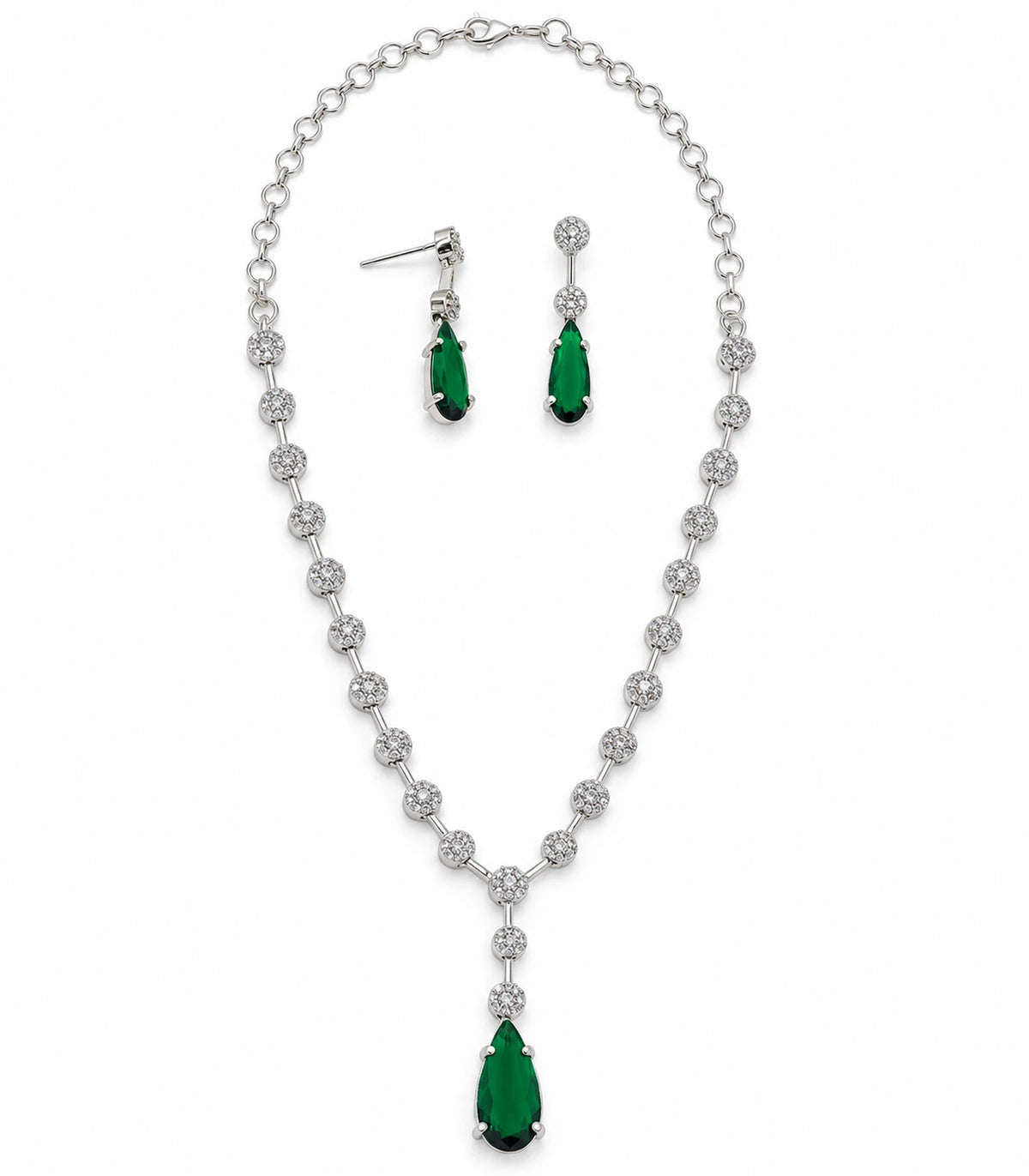 Silver Green Teardrop Necklace Set with necklace and two matching earrings on white