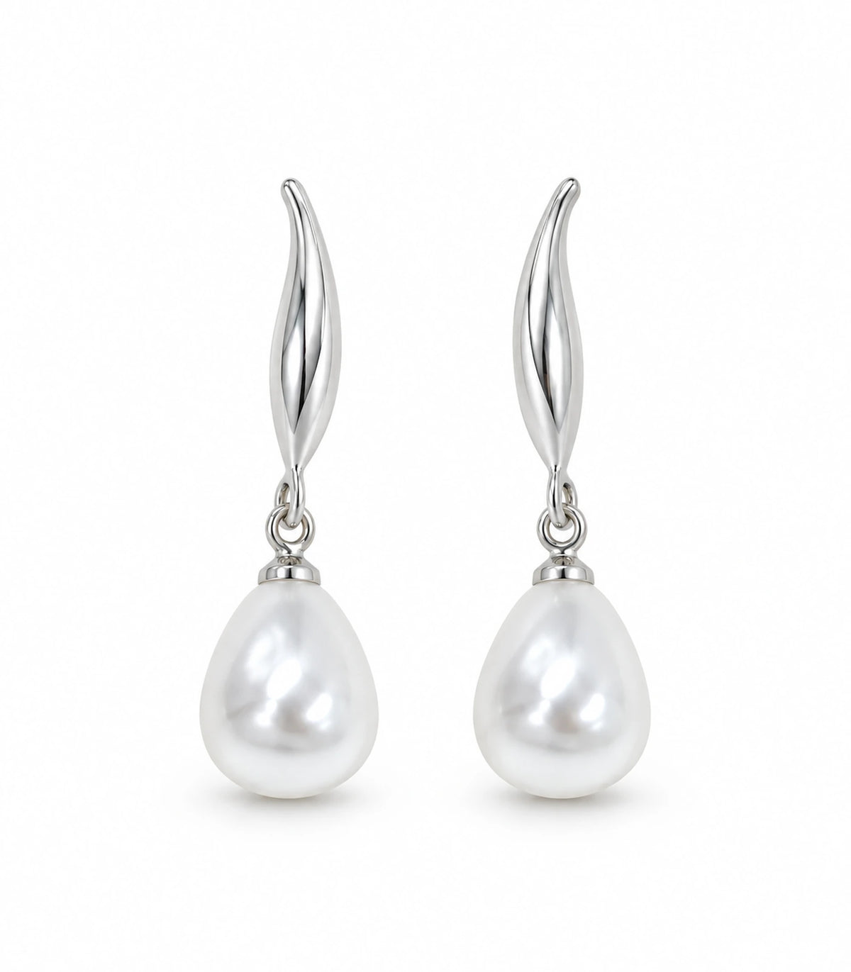Matching pair of silver-tone leaf earrings with white teardrop pearl-style drops on a white background