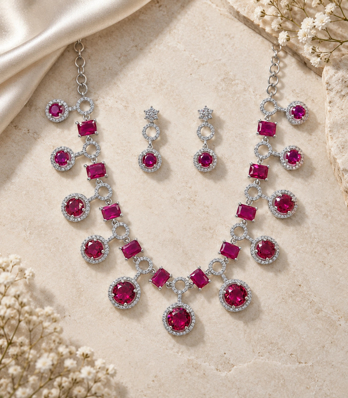 Silver-tone magenta necklace and matching pair of drop earrings on a styled stone surface