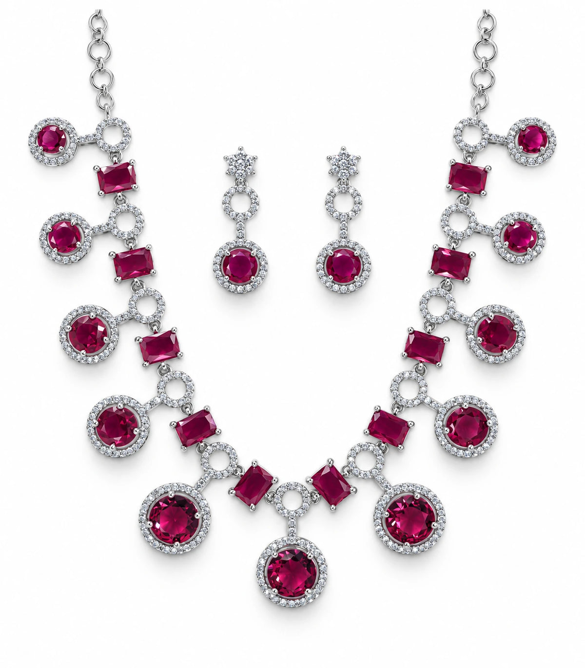 Silver-tone magenta necklace and matching pair of drop earrings on a white background