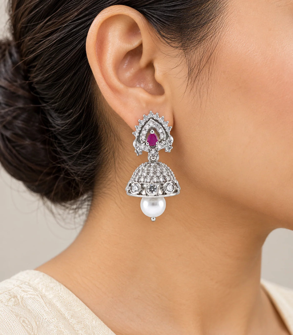 Silver Magenta Sunburst Teardrop Pearl Jhumka Earrings – worn detail close-up