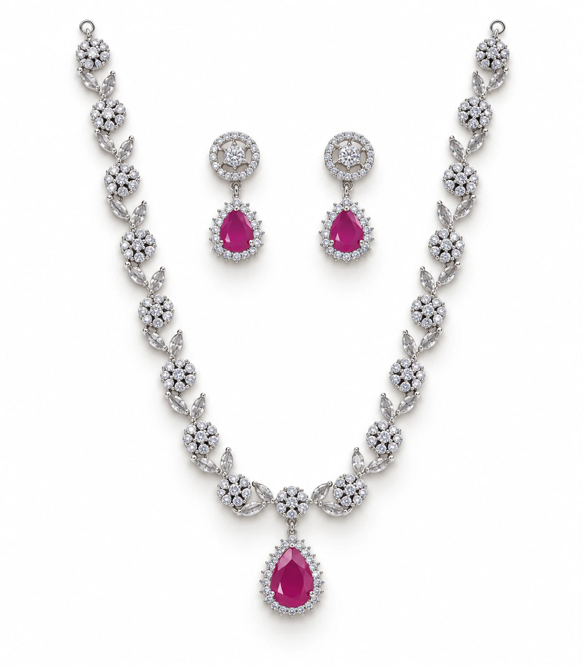 Silver-tone necklace with magenta teardrop pendant and matching pair of earrings on white
