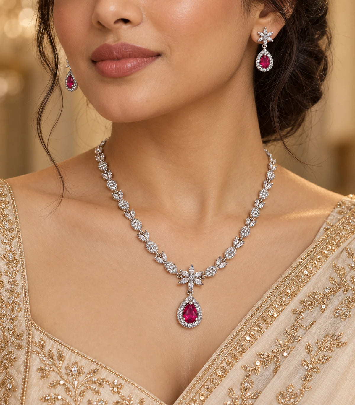Silver Magenta Teardrop Floral Crystal Necklace Set styled with matching earrings