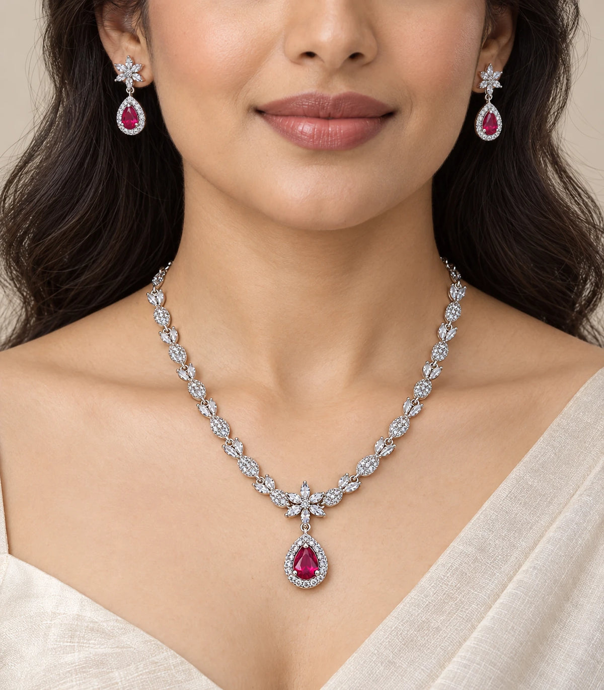 Silver Magenta Teardrop Floral Crystal Necklace Set worn with matching earrings