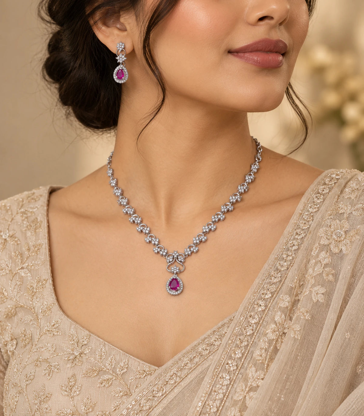 Silver Magenta Teardrop Necklace Set styled with a beige occasion outfit