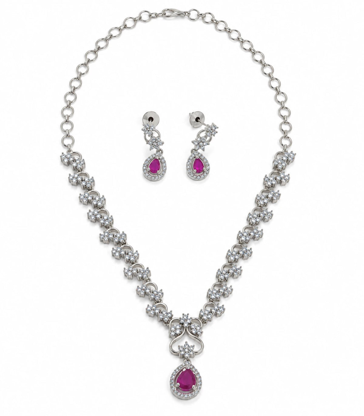 Silver Magenta Teardrop Necklace Set with necklace and matching pair of earrings on white