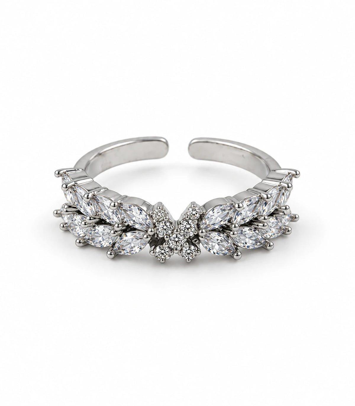 Silver-tone open ring with mirrored clear marquise leaf wings and central round-stone cluster on white