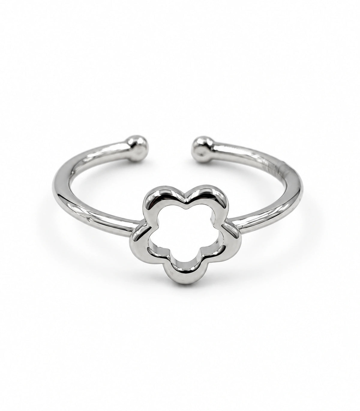 Silver-tone open five-petal flower ring on white, showing one ring and rounded shank ends