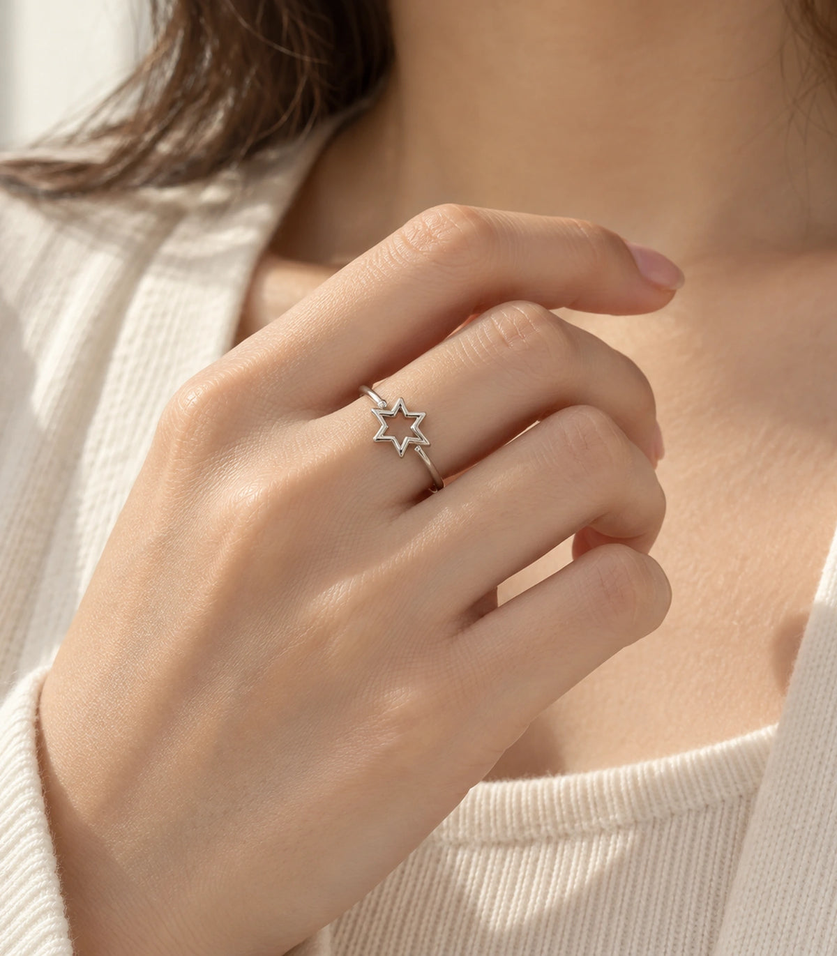 Silver Open Star Minimal Ring in an editorial worn view