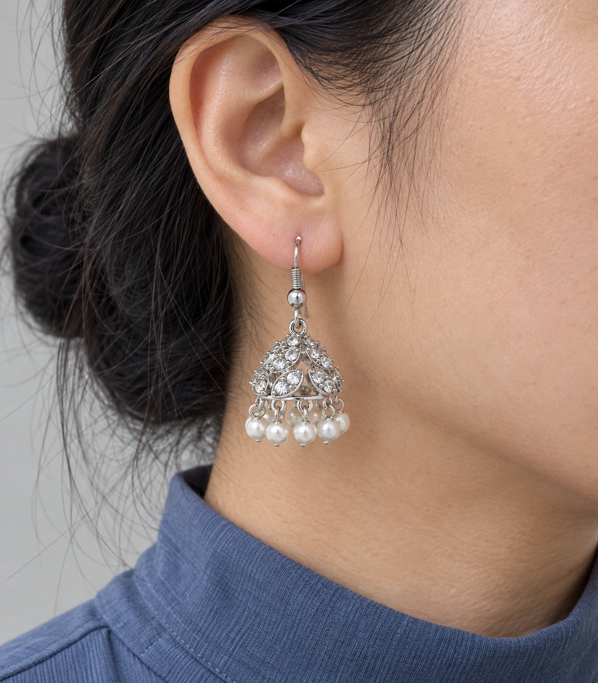 JIMIKI Openwork Crystal Leaf Pearl Hook Jhumka Earrings in Silver - close-up details #color_silver
