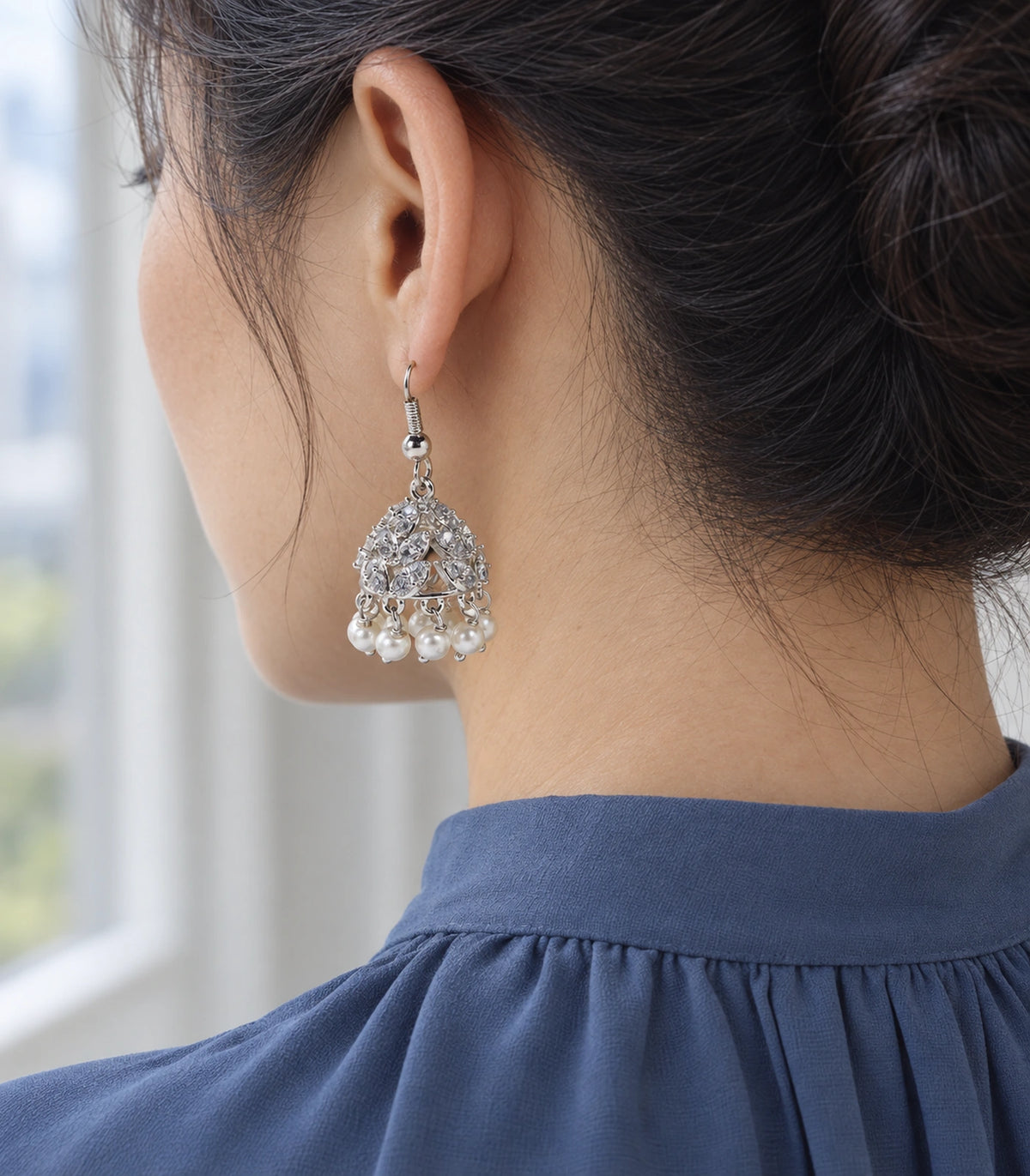JIMIKI Openwork Crystal Leaf Pearl Hook Jhumka Earrings in Silver - editorial worn view #color_silver