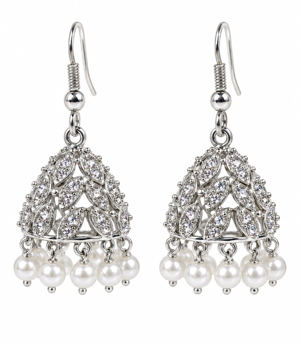 JIMIKI Openwork Crystal Leaf Pearl Hook Jhumka Earrings in Silver - pair on white #color_silver