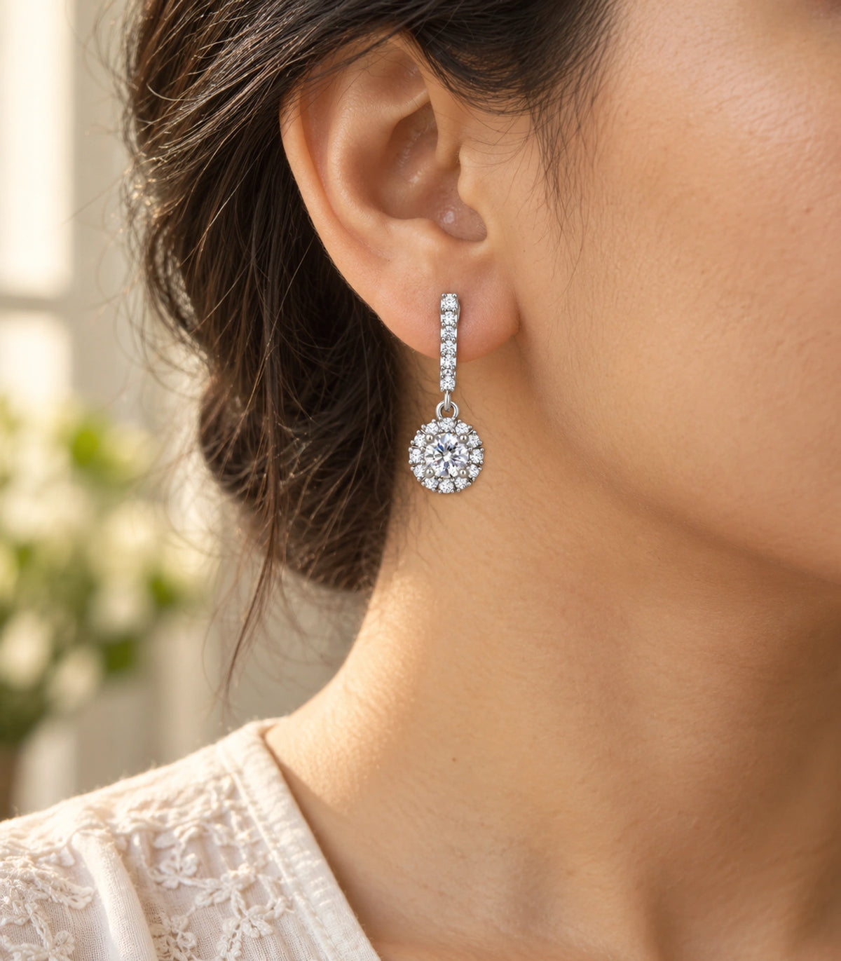 JIMIKI Silver Pave Bar Round Halo Drop Earrings — editorial worn styling #color_silver