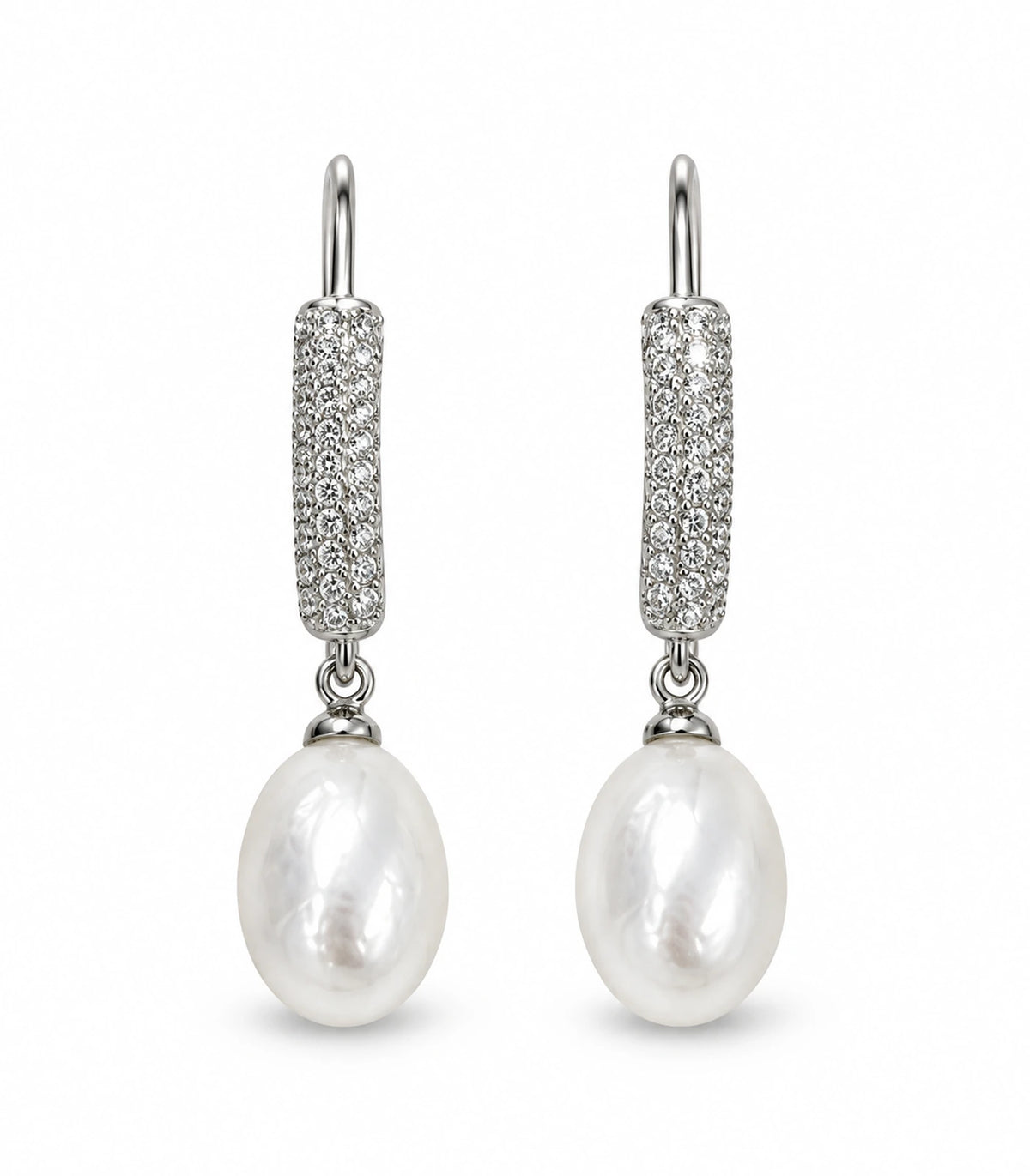 Matching pair of silver-tone pavé bar earrings with white teardrop pearl-style drops on white