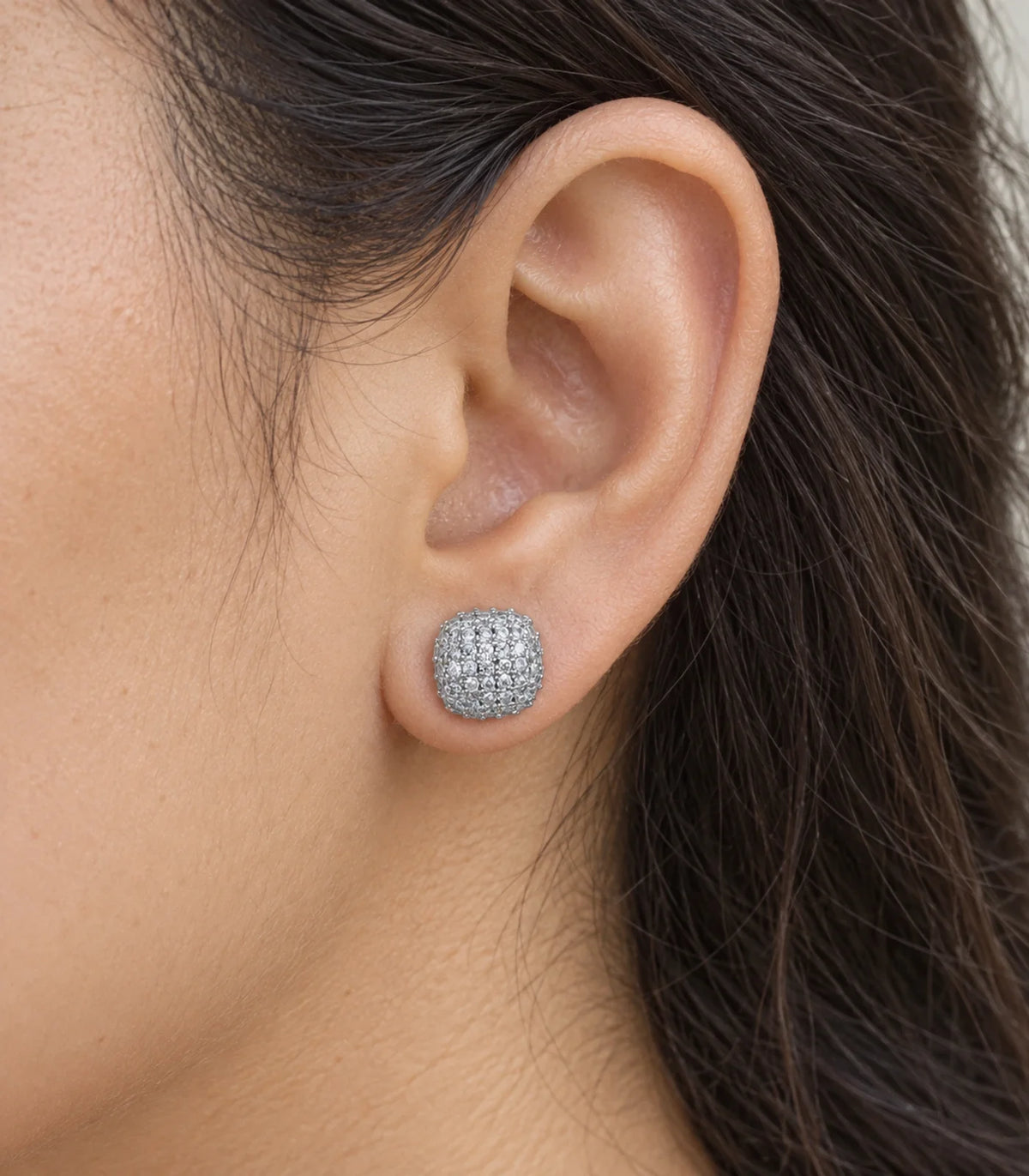 JIMIKI Silver Pave Cushion Stud Earrings - worn closeup #color_silver