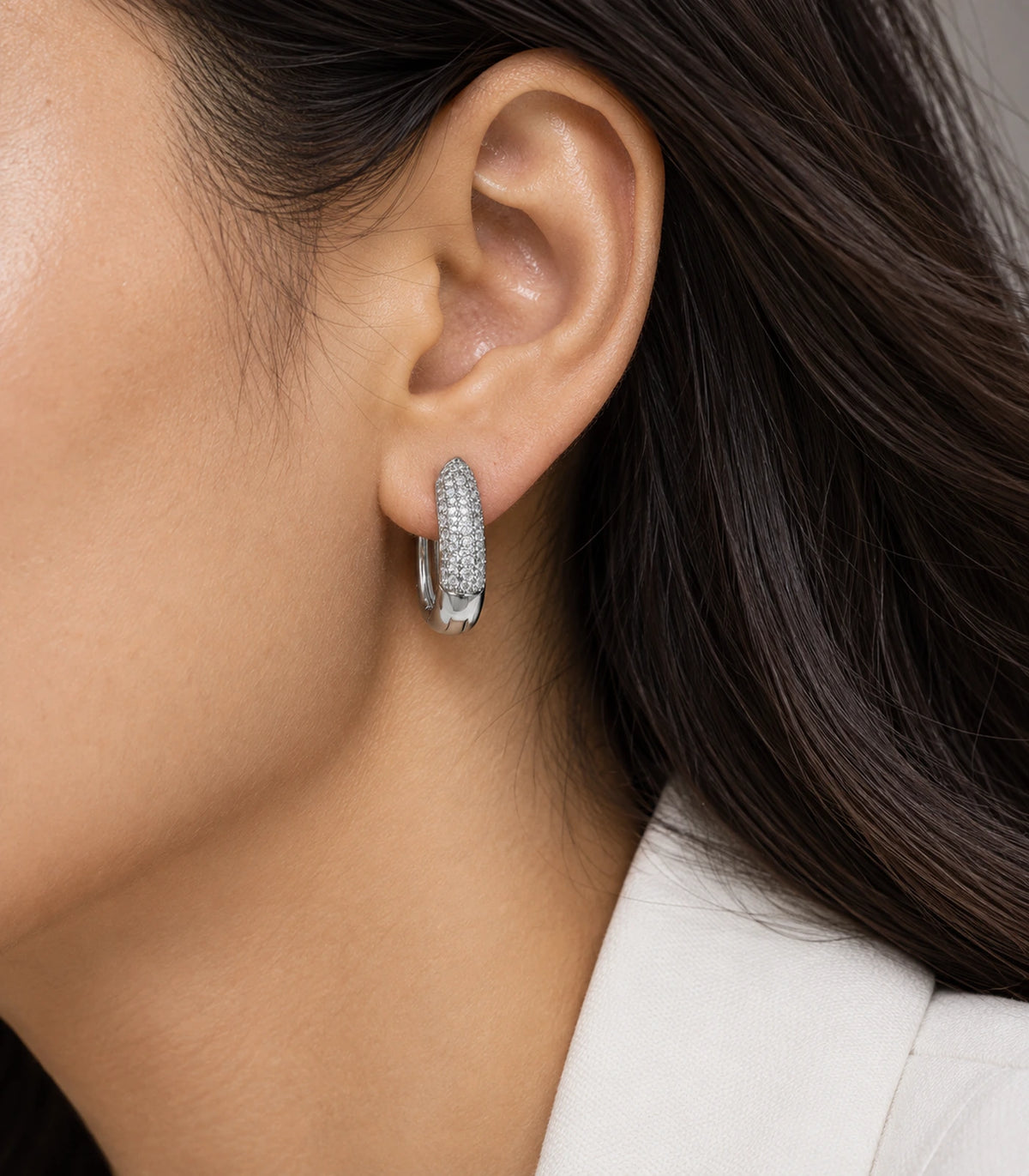 JIMIKI Pave Bar Huggie Hoop Earrings in Silver - editorial-model #color_silver