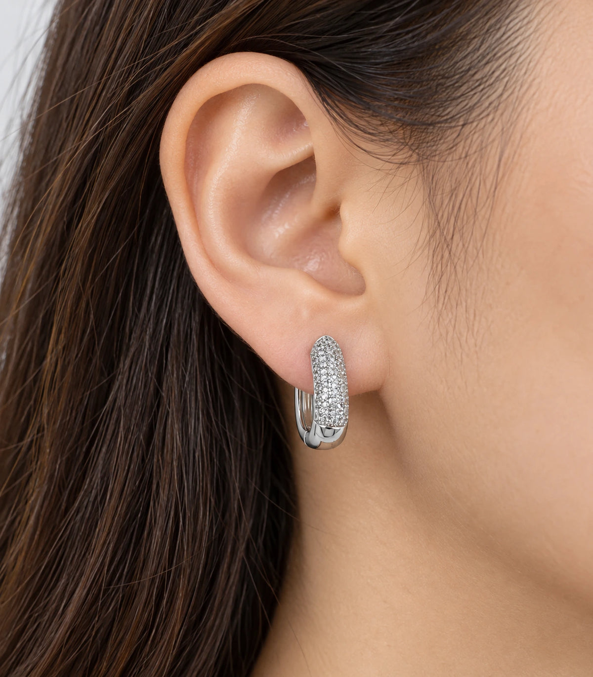 JIMIKI Pave Bar Huggie Hoop Earrings in Silver - model #color_silver