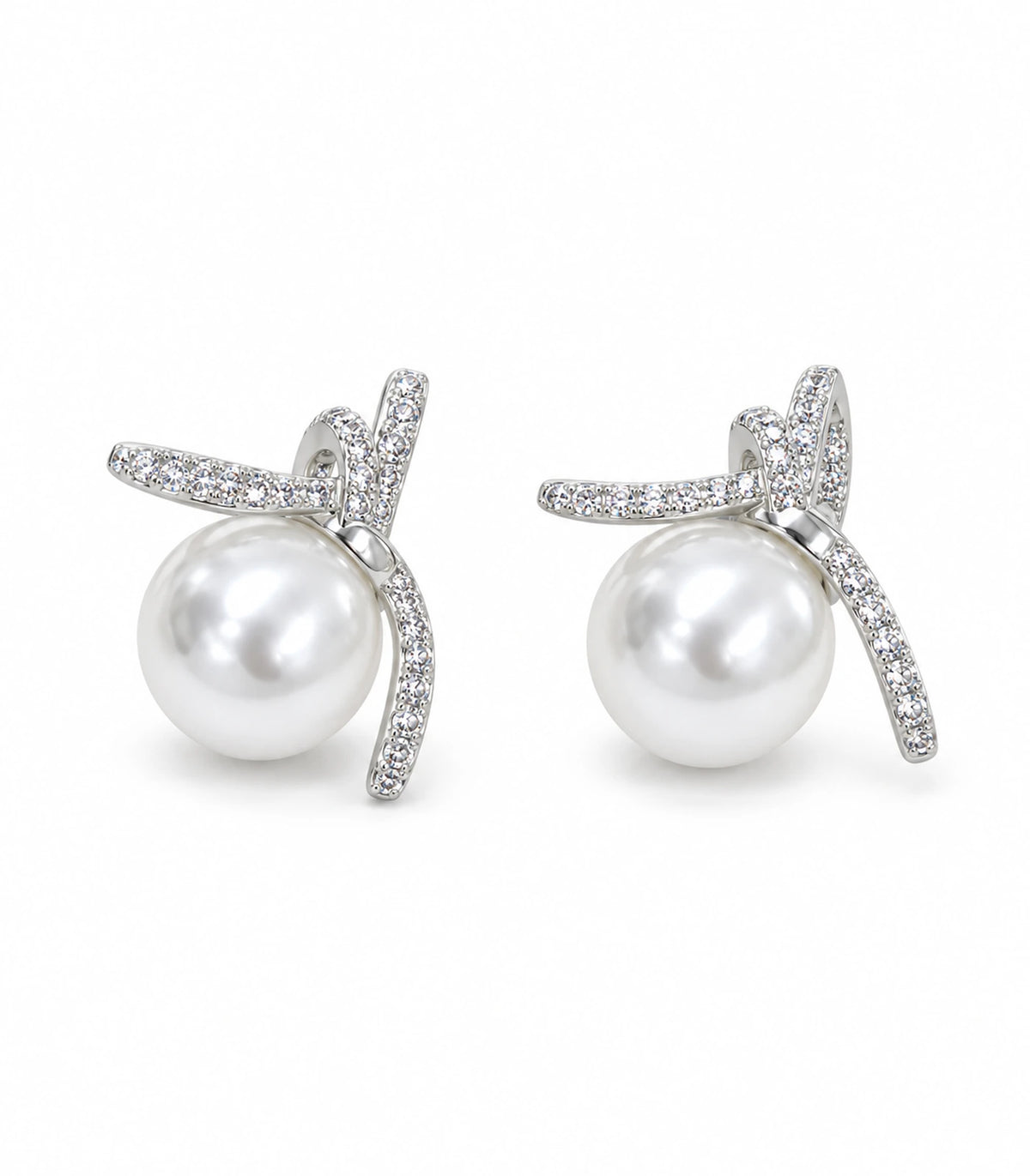 Matching pair of silver-tone pavé star pearl-look stud earrings on a white background