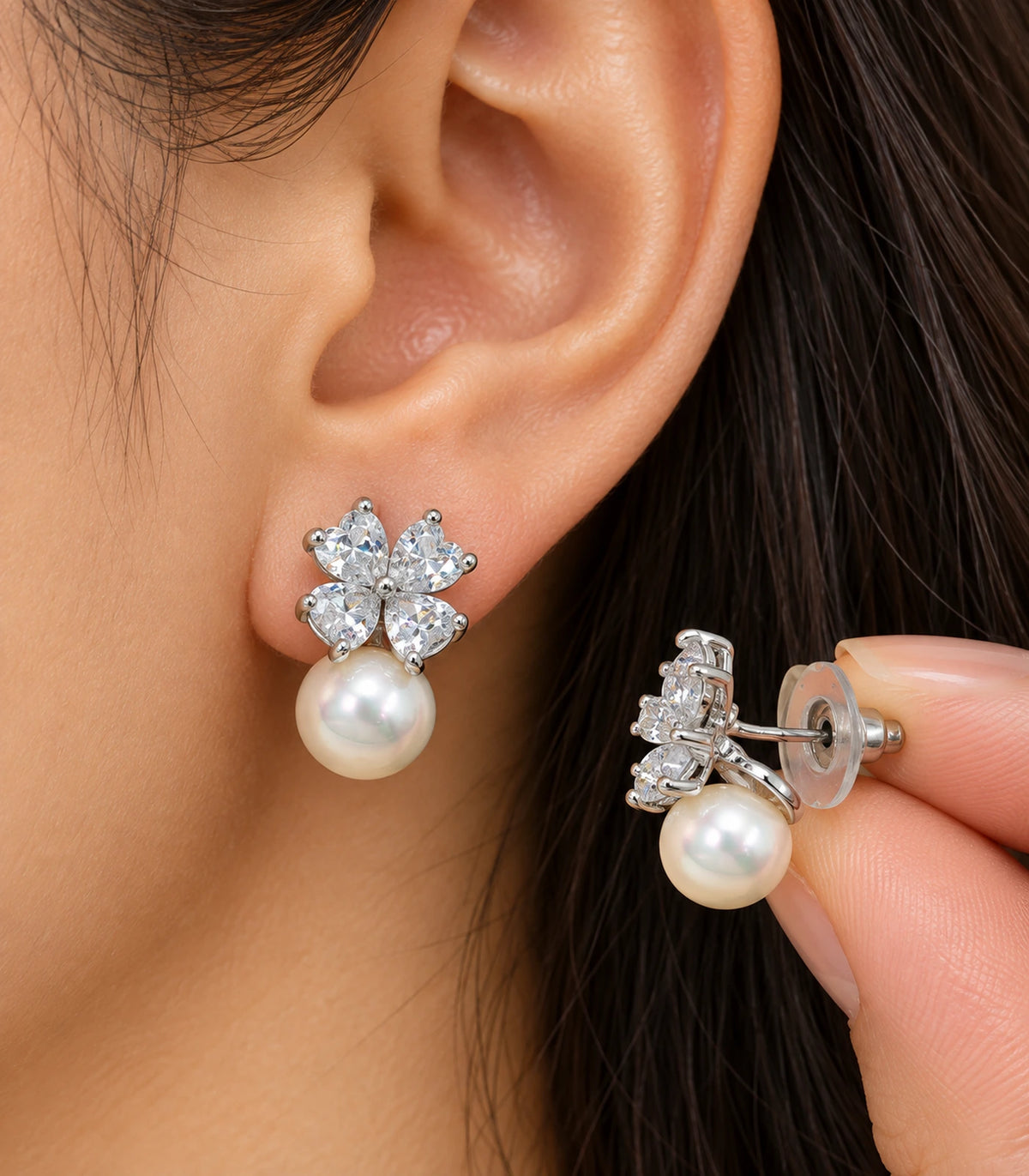 JIMIKI Silver Pear Crystal Flower Pearl Drop Earrings in Silver - closeup #color_silver