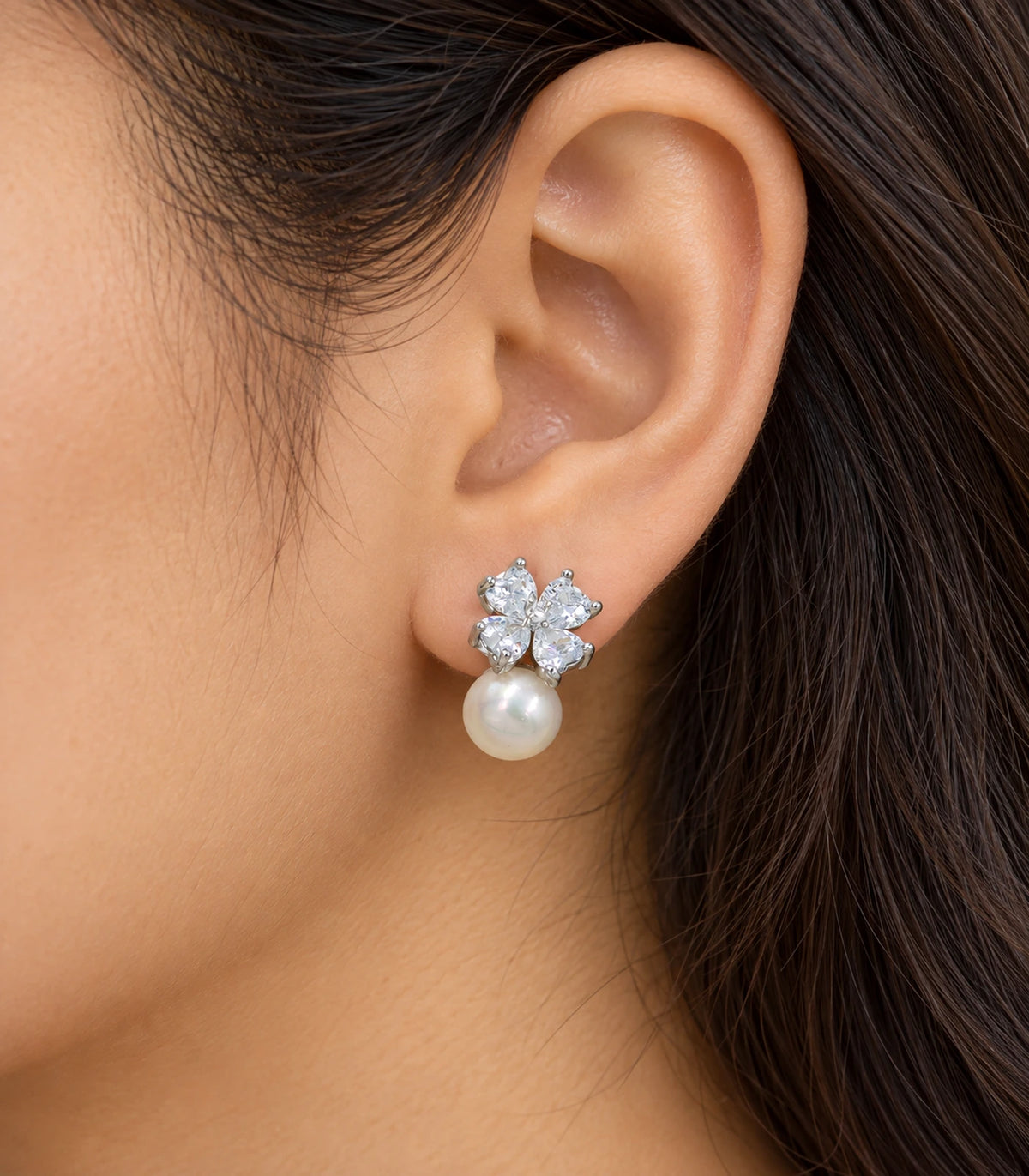 JIMIKI Silver Pear Crystal Flower Pearl Drop Earrings in Silver - model #color_silver