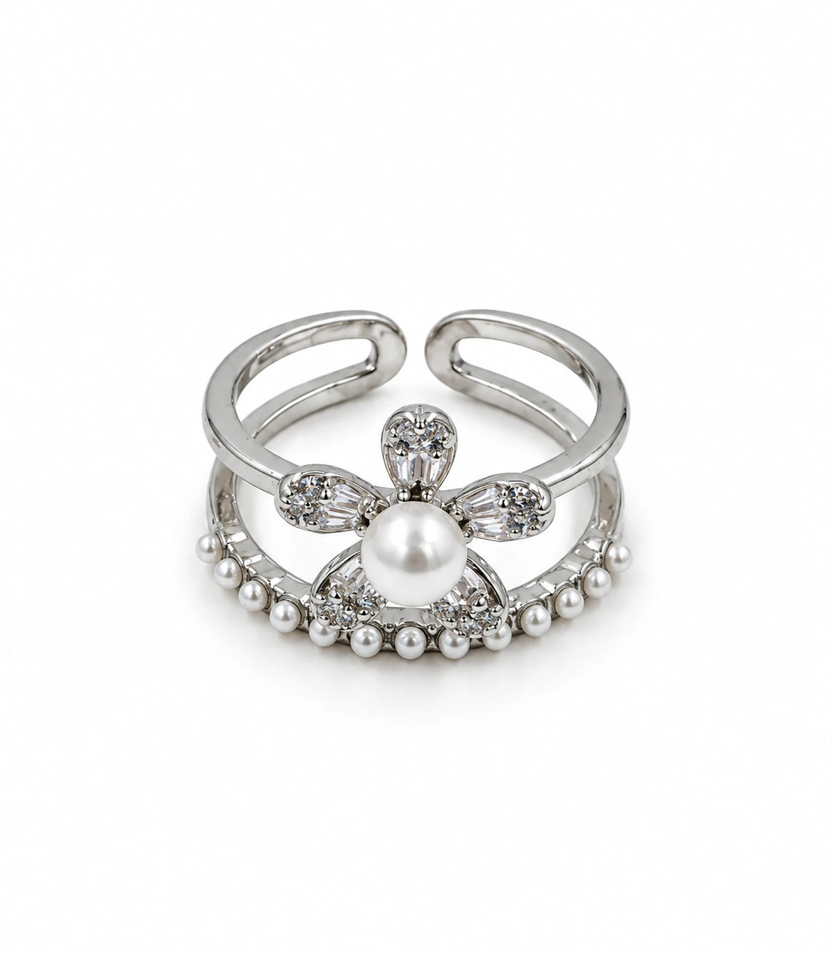 Silver-tone pearl flower fringe open ring on a white background
