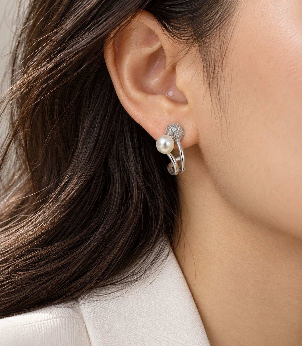 JIMIKI Silver Pearl Pave Disc Sculptural Earrings — editorial worn styling #color_silver