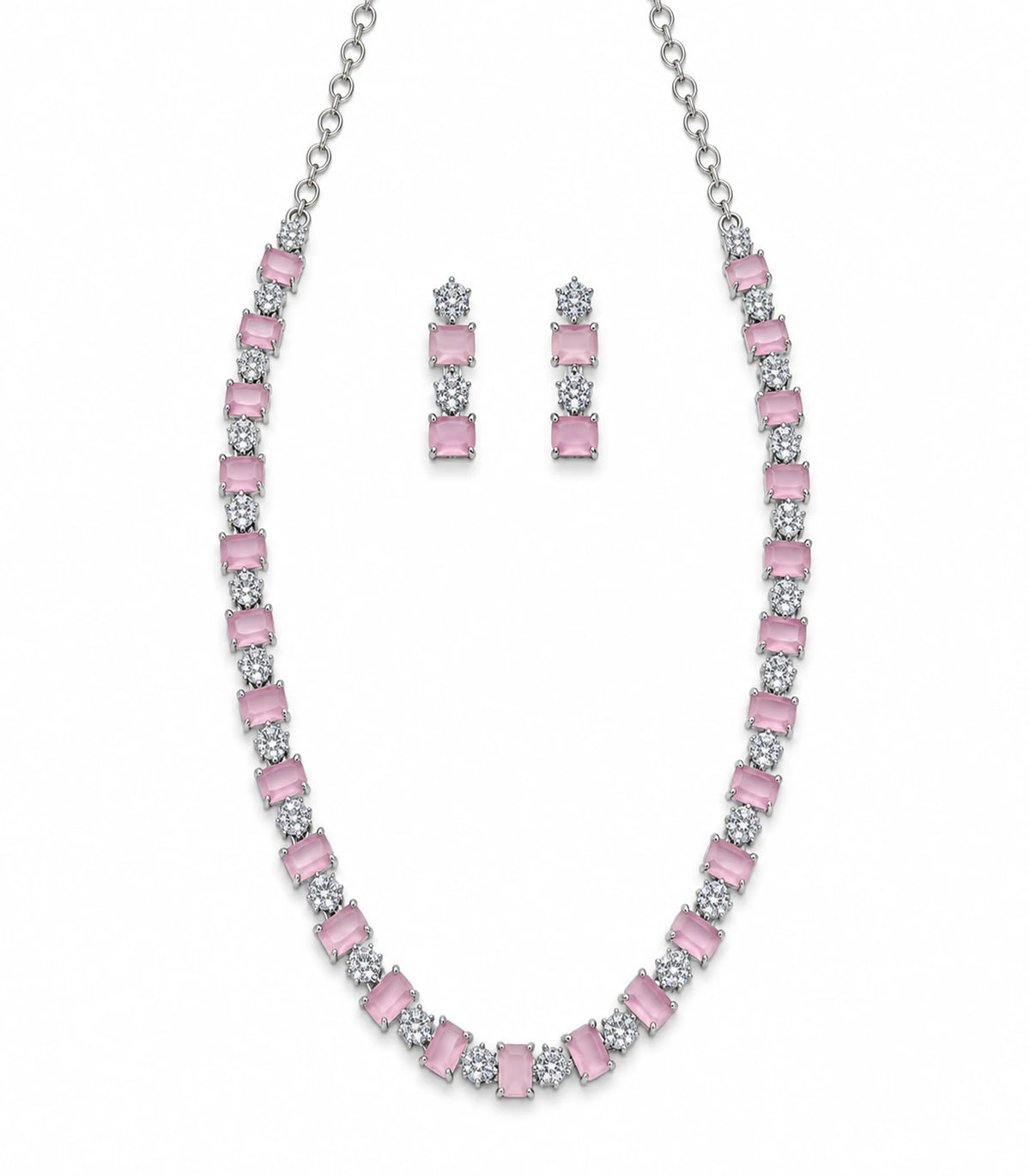 Silver Pink Square Crystal Necklace Set with matching pair of earrings on white background