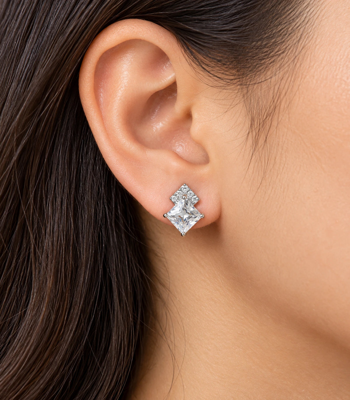 Silver Princess Crystal Kite Stud Earring shown worn on an ear