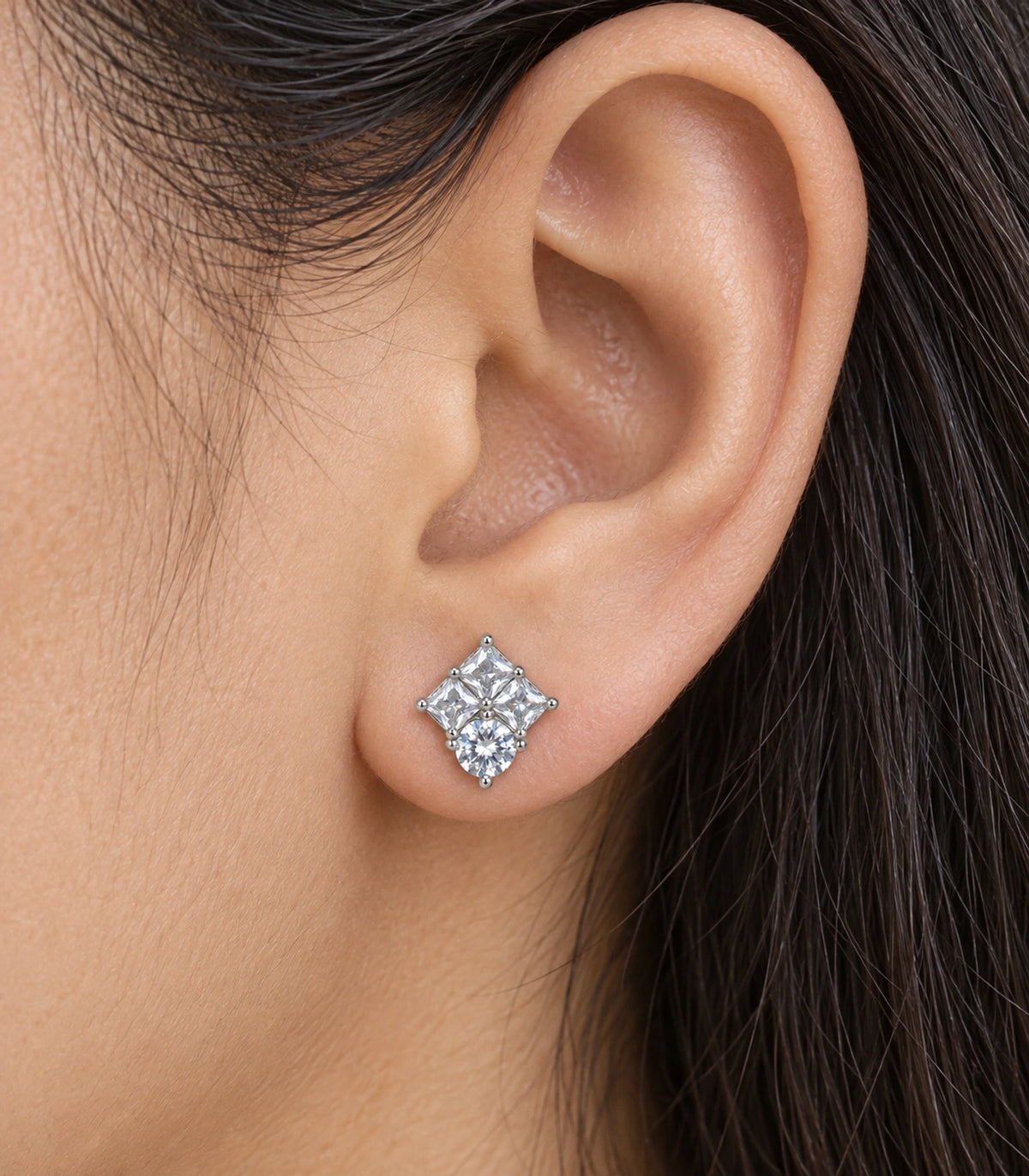 JIMIKI Silver Princess Round Cluster Stud Earrings — worn close-up detail #color_silver