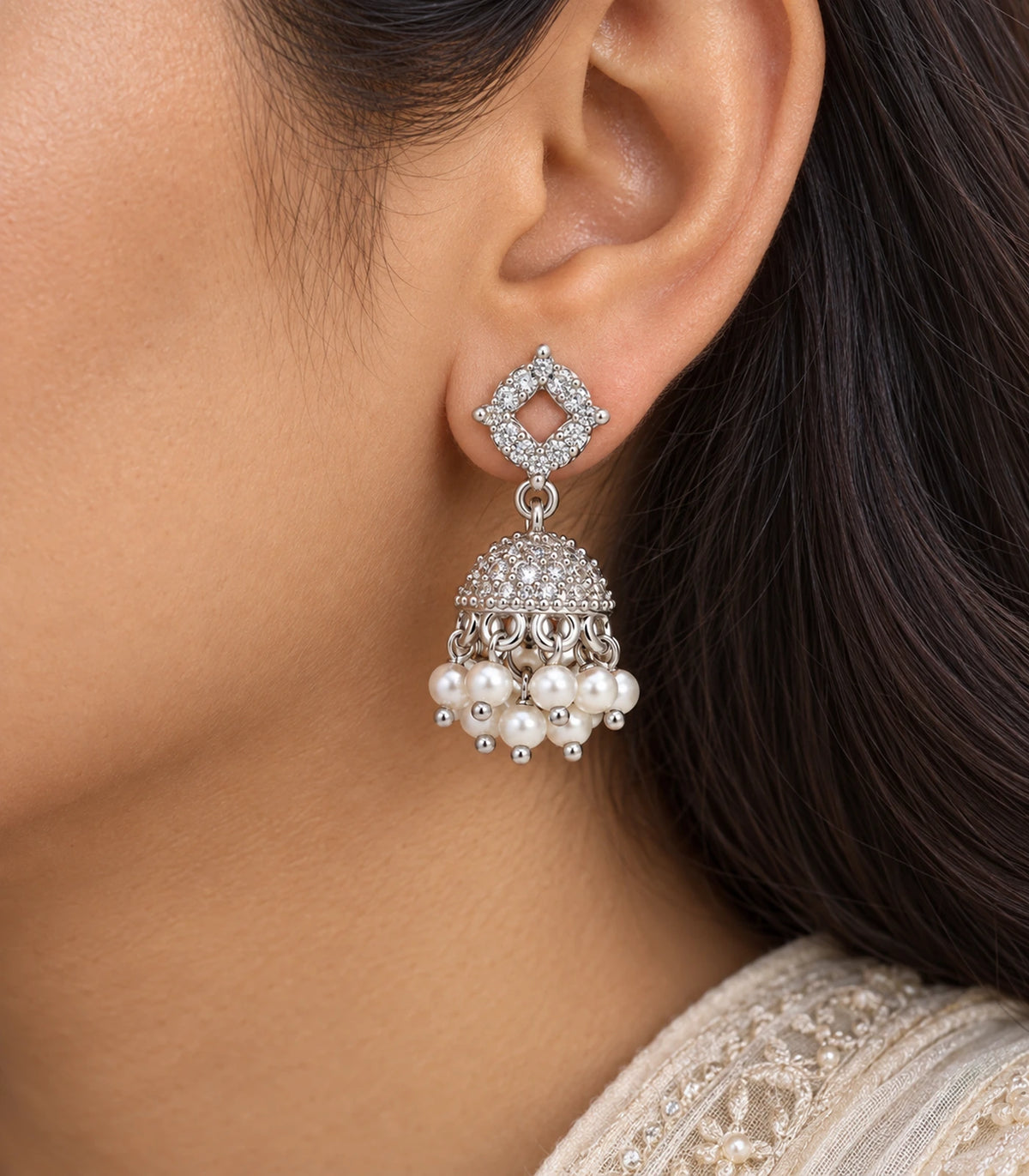 JIMIKI Silver Quatrefoil Crystal Jhumka Earrings - Worn close-up of the open quatrefoil top and bead fringe #color_silver