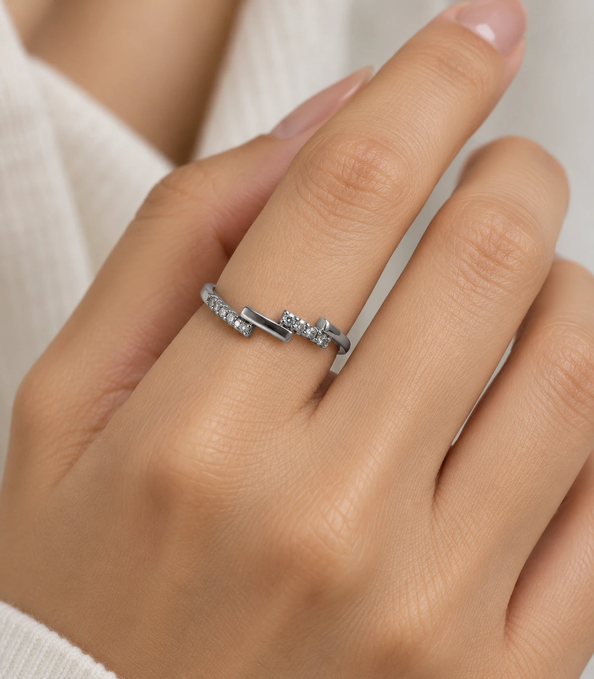 JIMIKI Silver Stepped Crystal Bypass Ring in Silver - worn styling view #color_silver