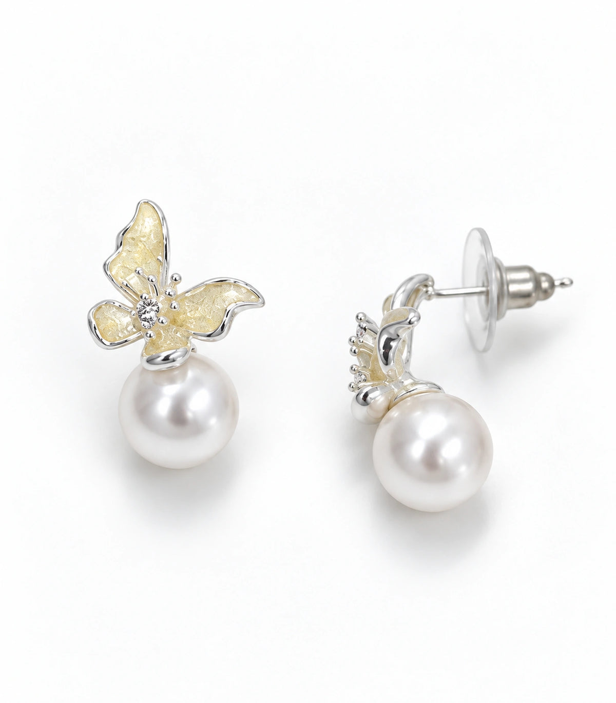 JIMIKI Asymmetric Butterfly Pearl-Style Earrings in Cream / silver-tone / white, white background product view #color_cream / silver-tone / white