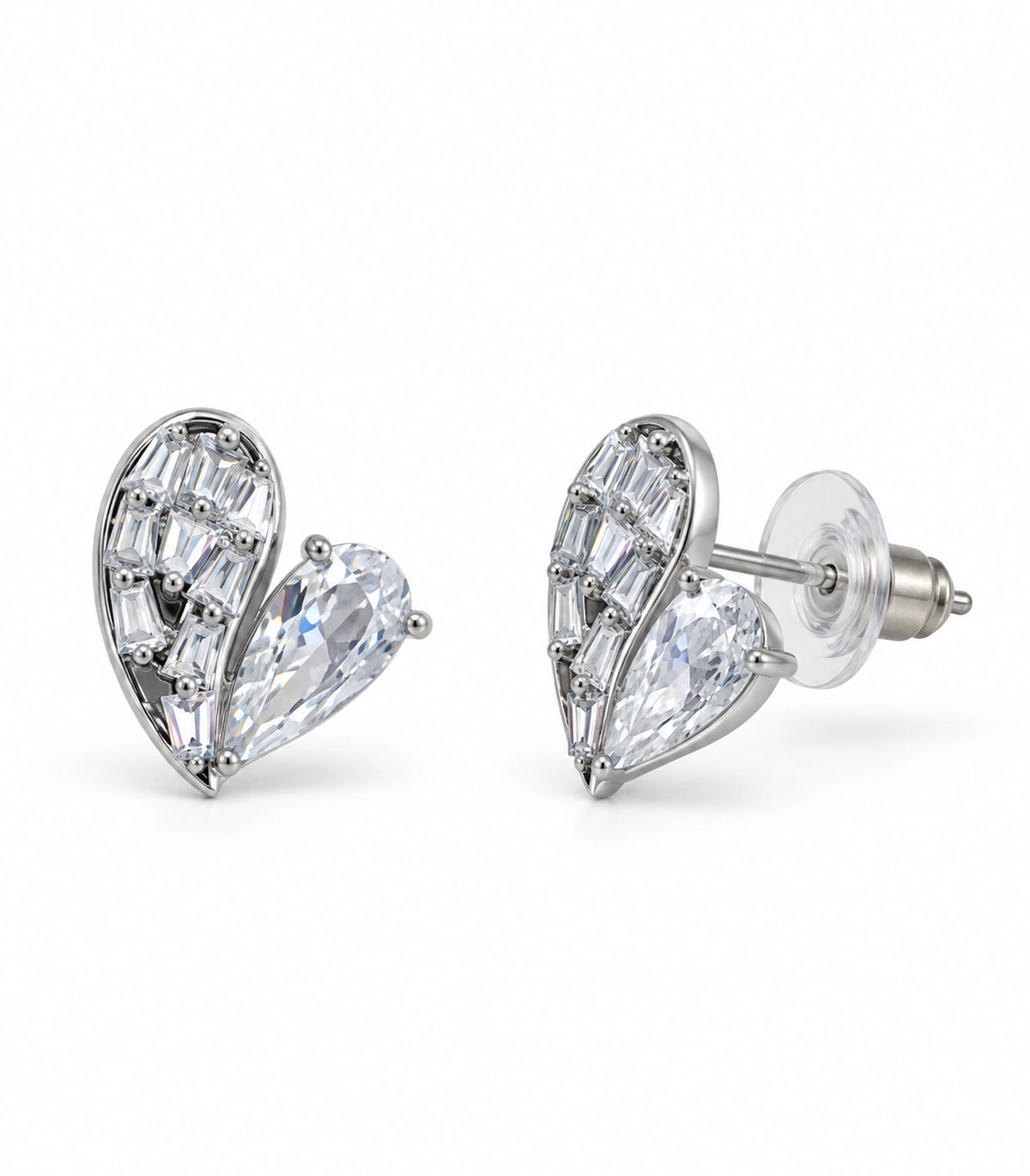 JIMIKI Asymmetric Crystal Heart Stud Earring Pair in Silver Tone, white background product view #color_silver tone