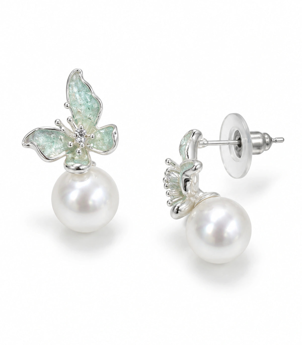 JIMIKI Asymmetric Butterfly Pearl-Style Earrings in Mint / silver-tone / white, white background product view #color_mint / silver-tone / white