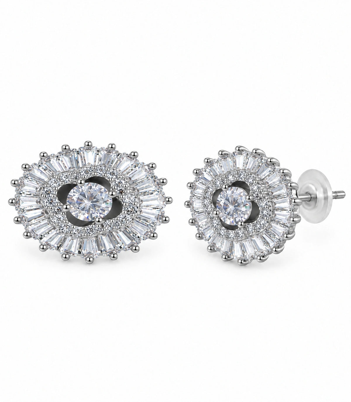 JIMIKI Baguette Halo Round Crystal Stud Earring Pair in Silver Tone, white background product view #color_silver tone