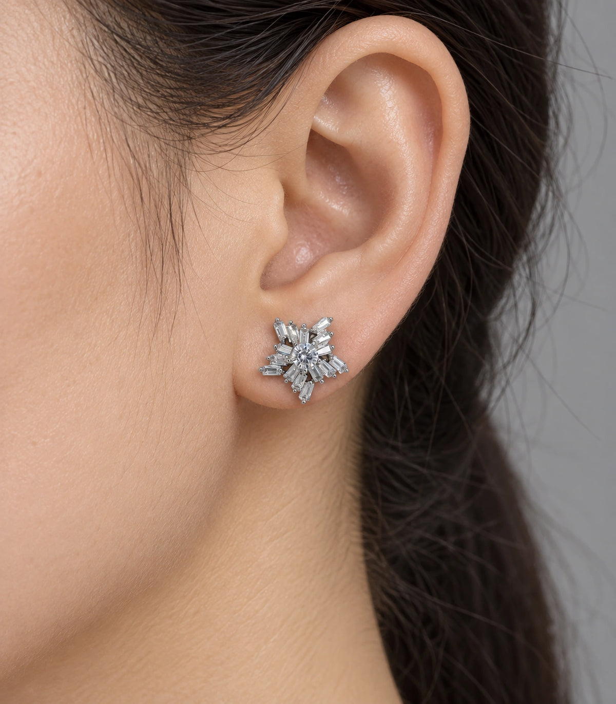 JIMIKI Silver-Tone Baguette Starburst Stud Earrings in Silver / Clear, close-up detail