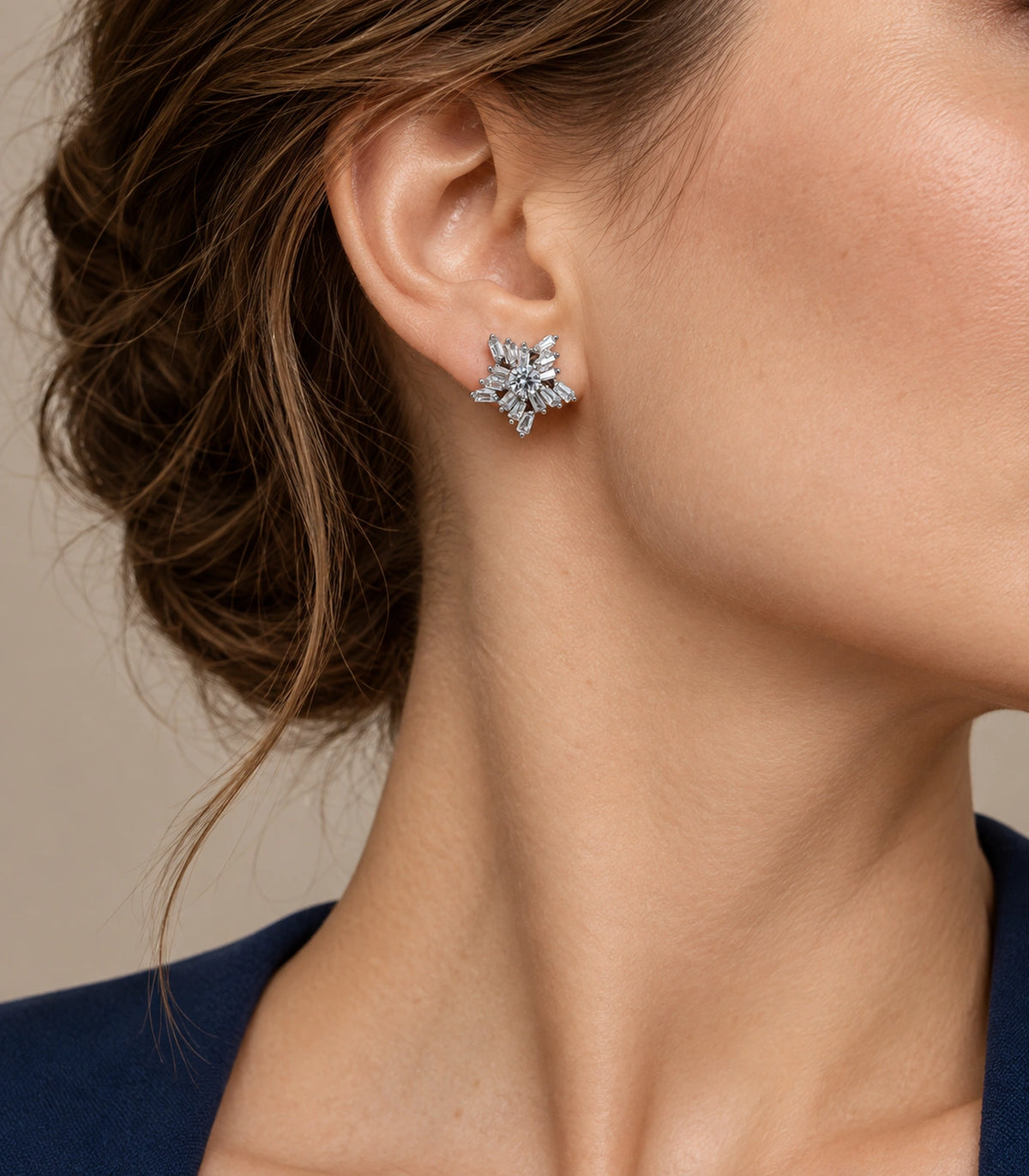 JIMIKI Silver-Tone Baguette Starburst Stud Earrings in Silver / Clear, editorial model view