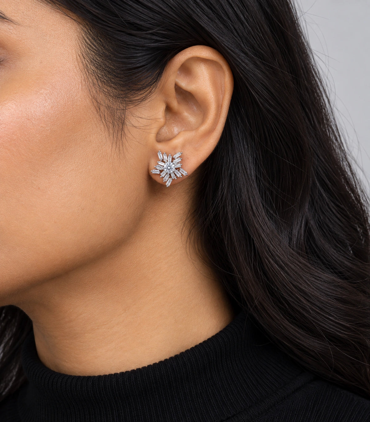JIMIKI Silver-Tone Baguette Starburst Stud Earrings in Silver / Clear, model wearing view