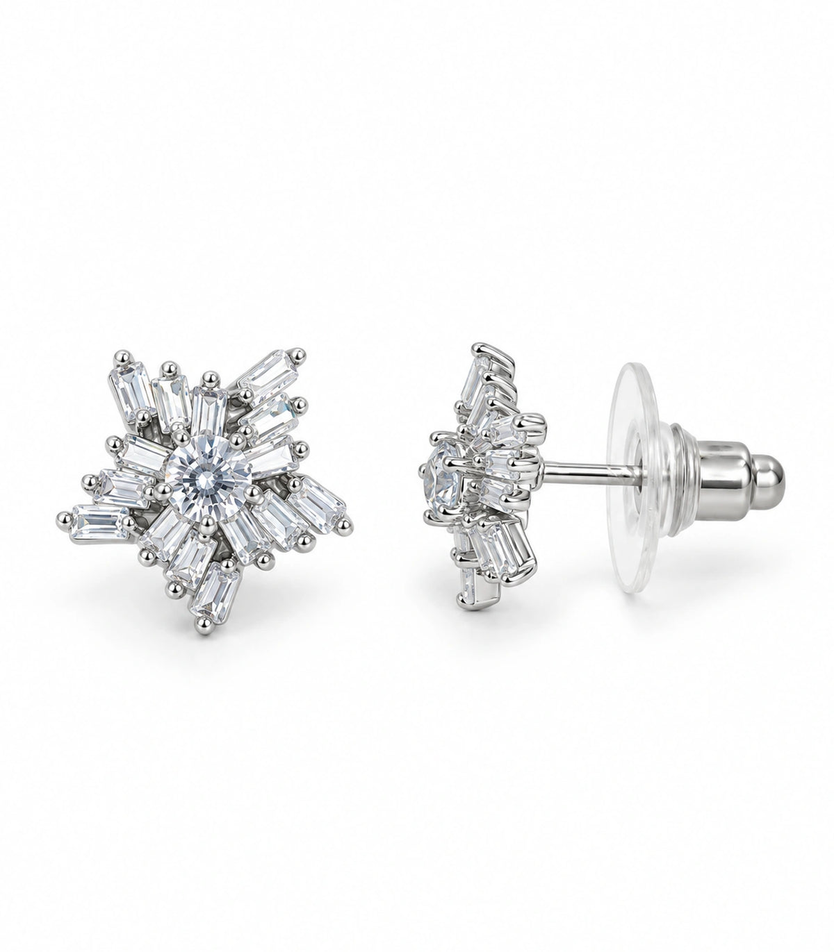 JIMIKI Silver-Tone Baguette Starburst Stud Earrings in Silver / Clear, white background product view