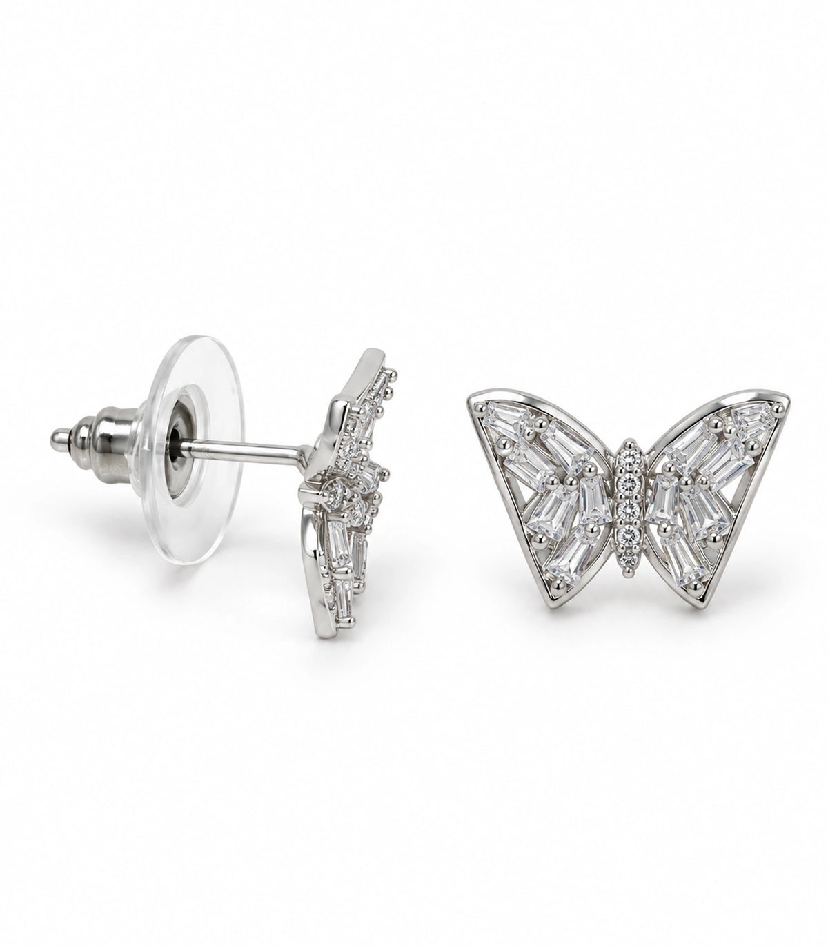 JIMIKI Silver-Tone Baguette Wing Butterfly Stud Earrings in Silver-tone, white background product view