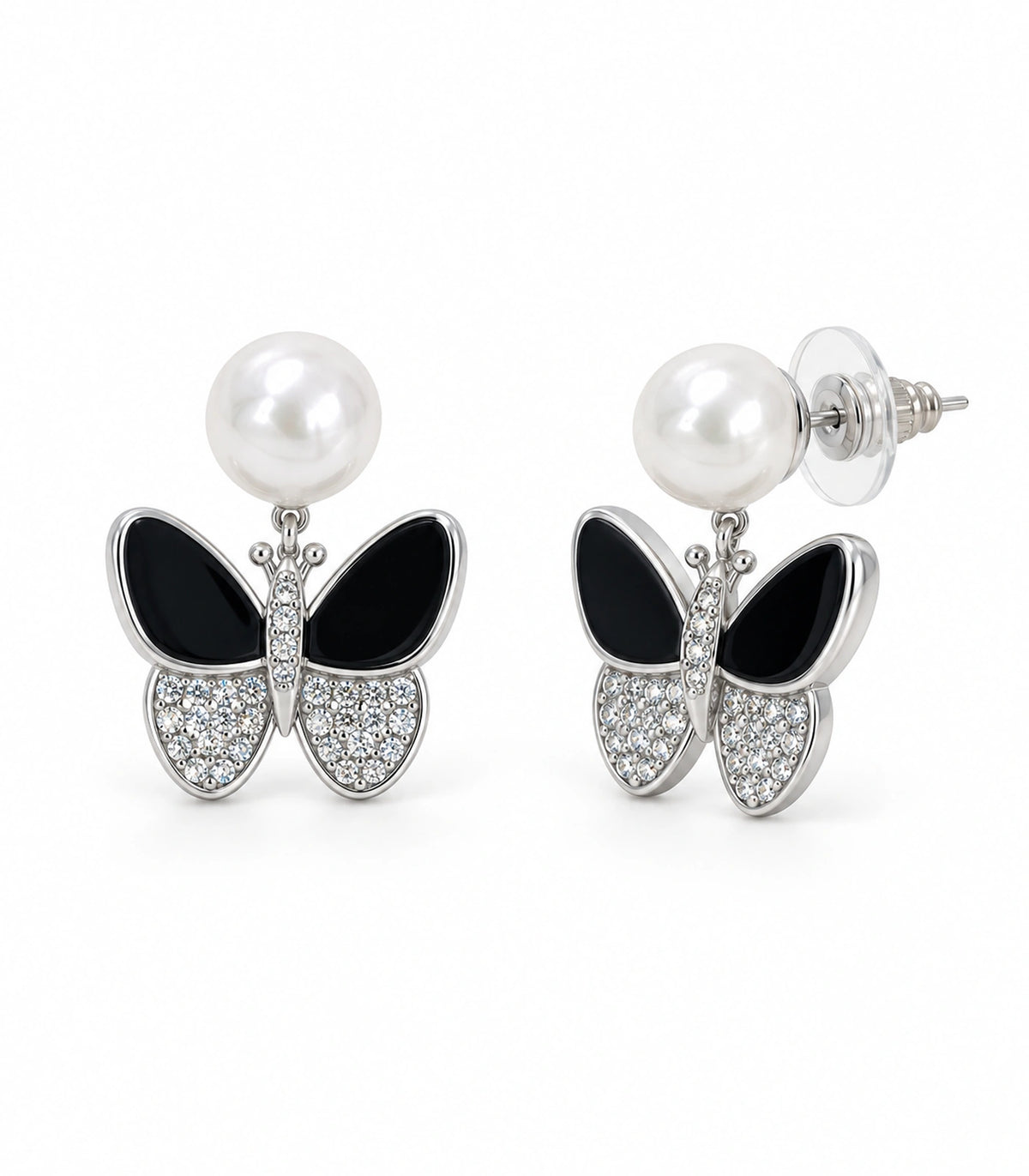 JIMIKI Silver Tone Black Enamel Butterfly Pearl Stud Earring Pair in Black / White Pearl / Silver, white background product view