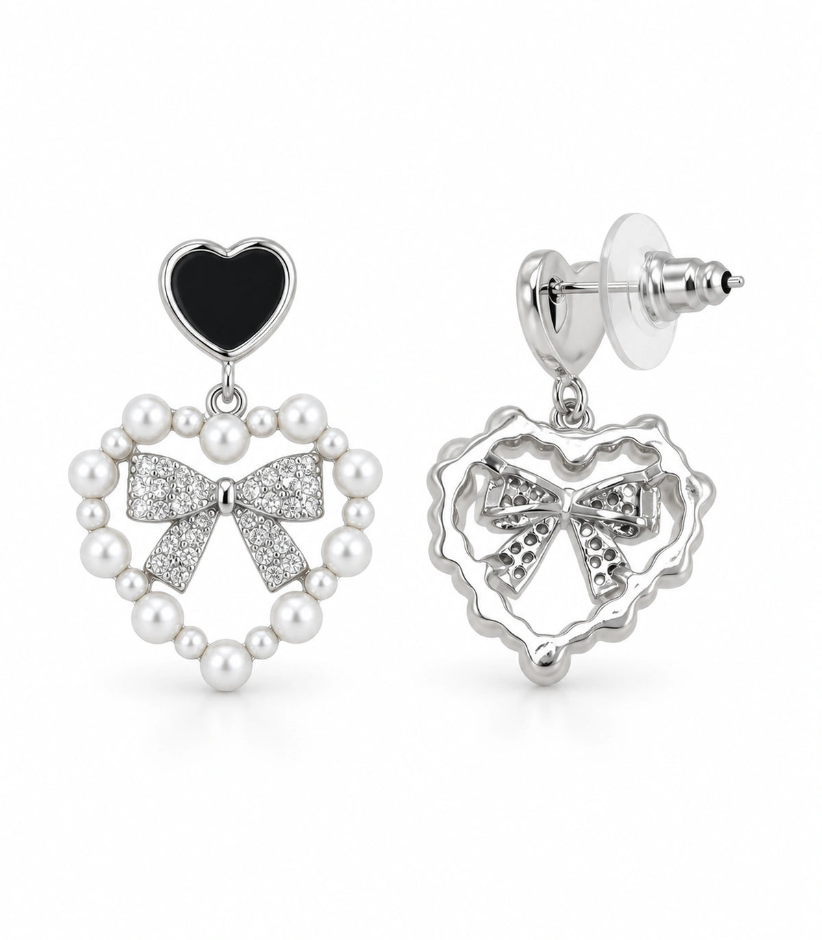 JIMIKI Heart Pearl Bow Drop Earring Pair in Silver Tone / Black, white background product view #color_silver tone / black