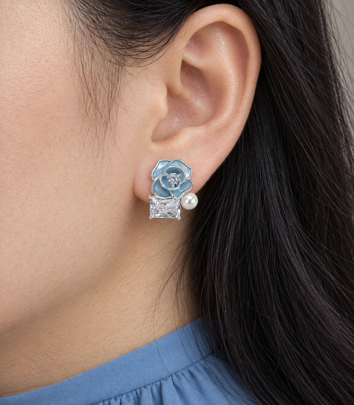 JIMIKI Flower Pearl Square Crystal Stud Earring Pair in Silver tone / Blue, close-up detail #color_silver tone / blue