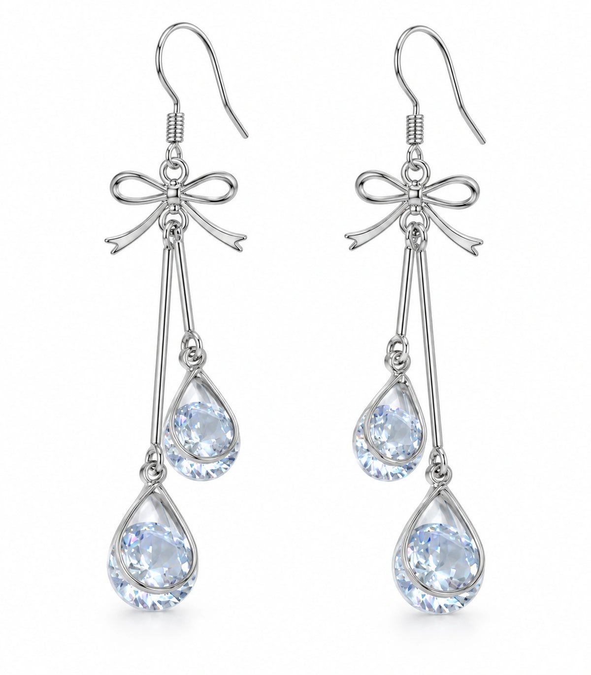 JIMIKI Silver Tone Bow Twin Pear Wire Drop Earring Pair in Silver-tone, white background product view