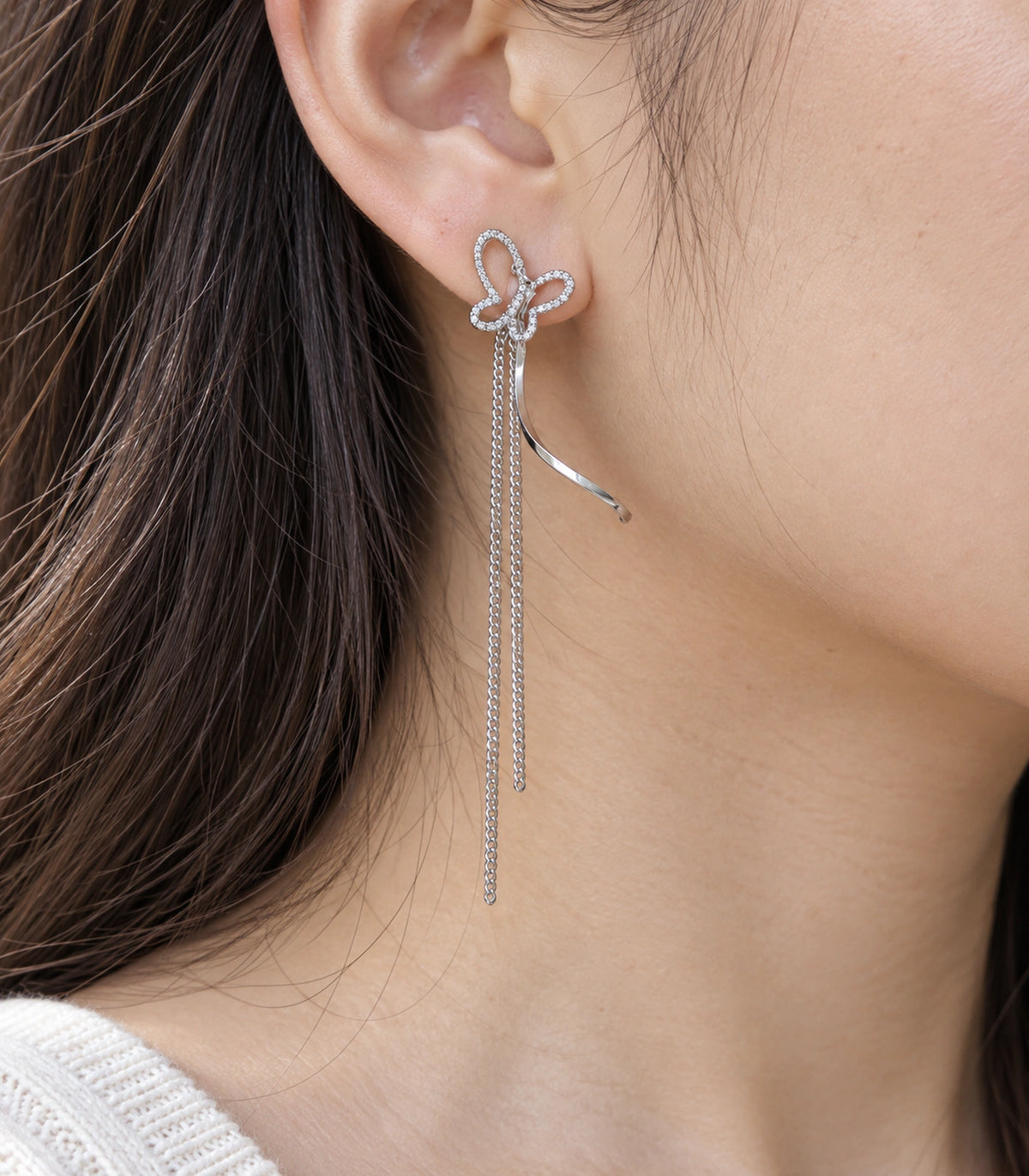 JIMIKI Butterfly Ribbon Chain Drop Earrings in Silver-tone, close-up detail #color_silver-tone