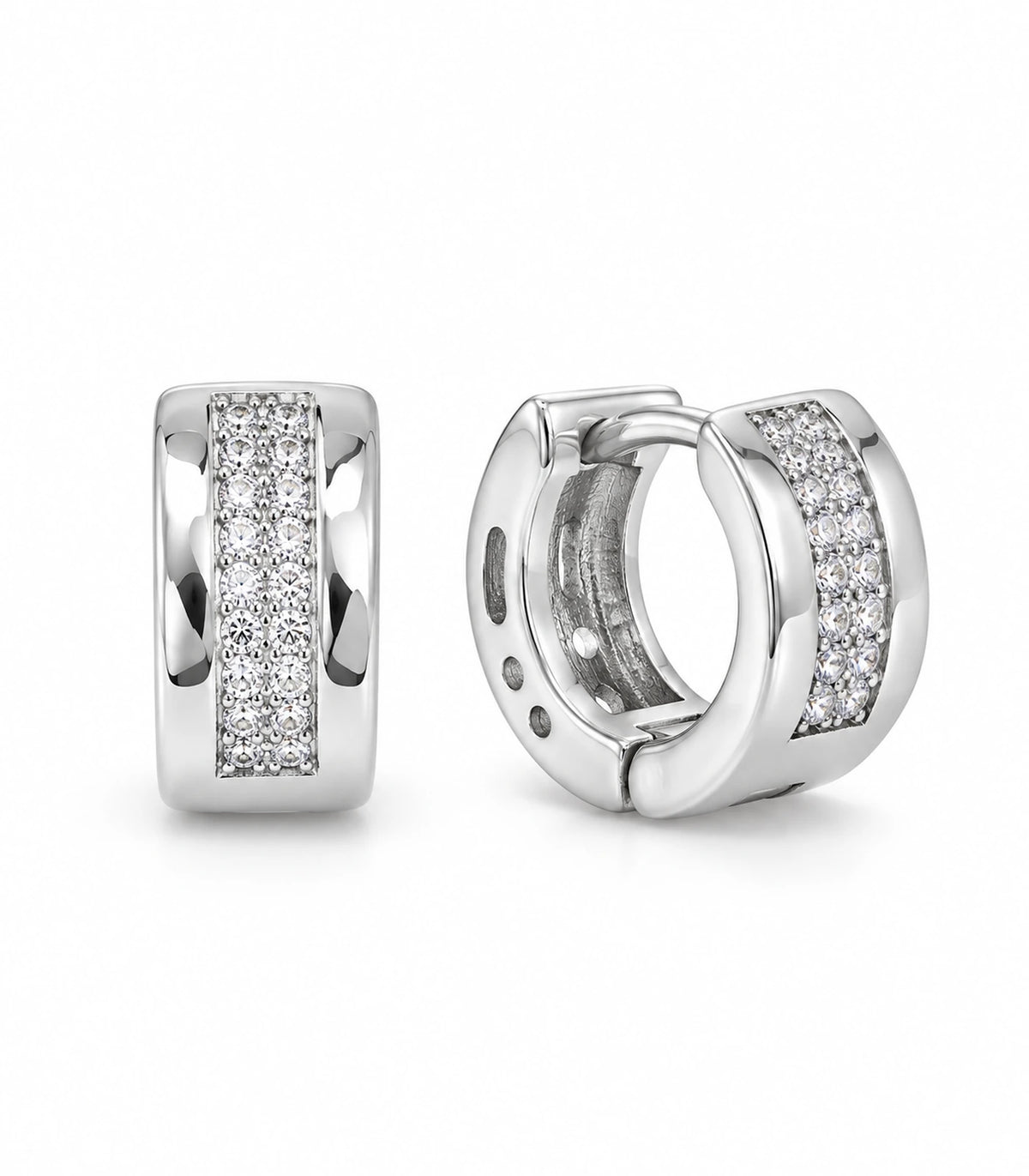JIMIKI Silver central pave strip huggie hoop earrings, matching pair on white background #color_silver