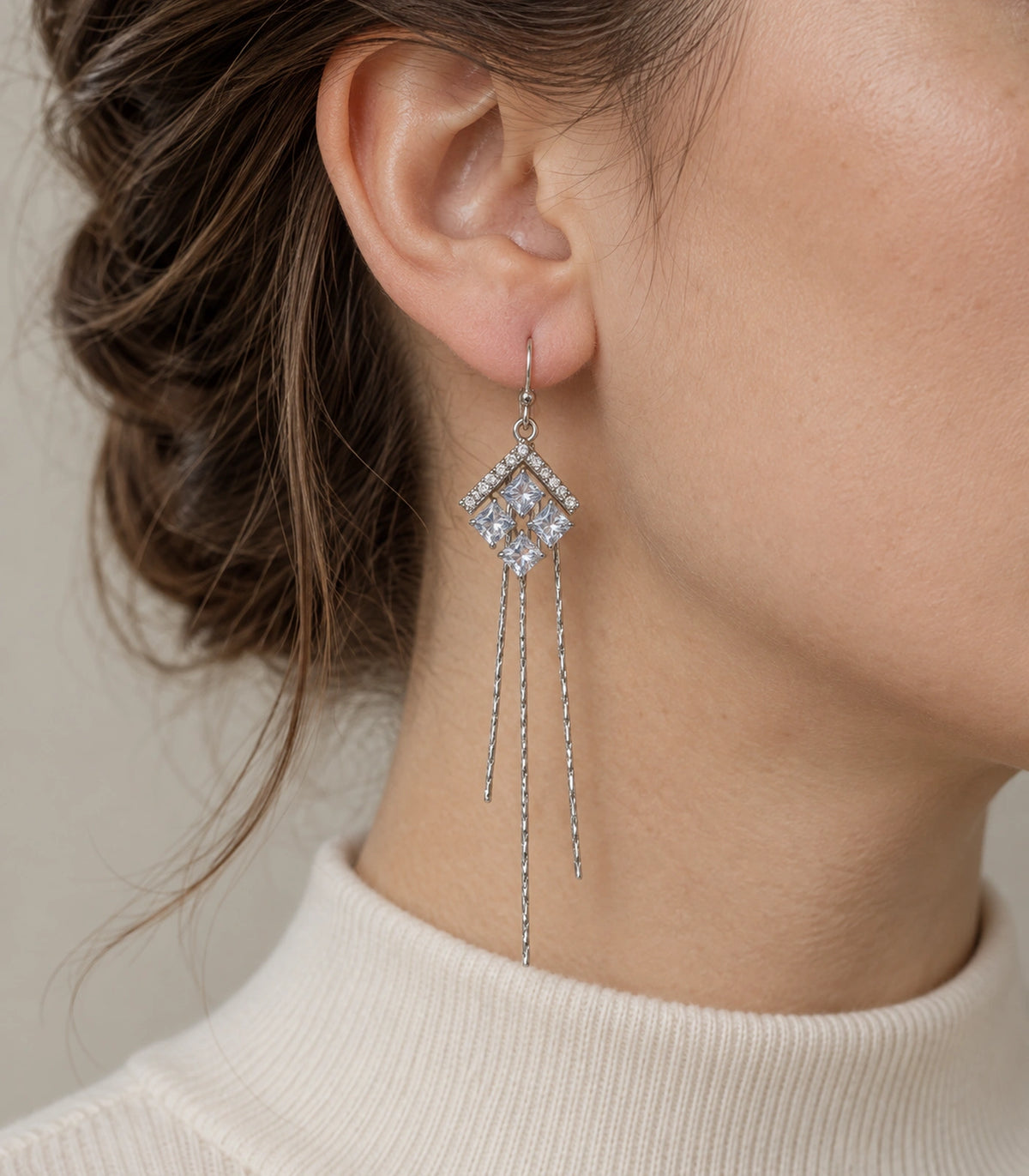 JIMIKI Silver Tone Chevron Crystal Three Chain Earring Pair in Silver-tone, close-up detail